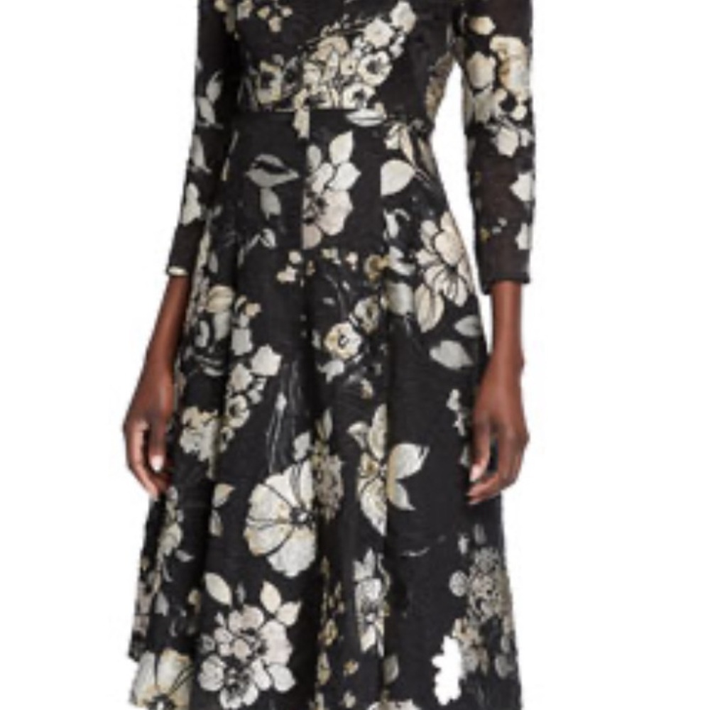 Lela Rose Black and metallic Cream Floral Midi Dress